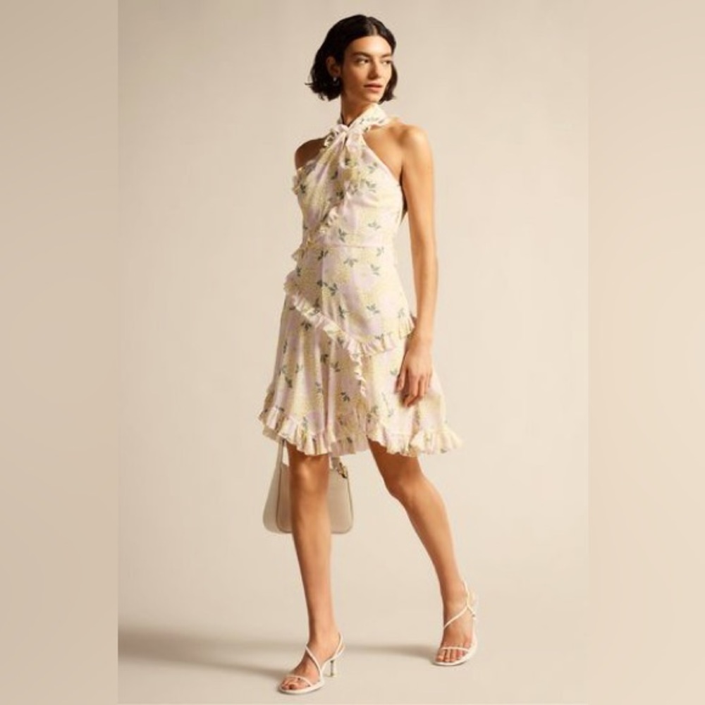 Ted Baker Sutton Light Yellow Twist Neck Frill Detail Mini Dress - size 0, new